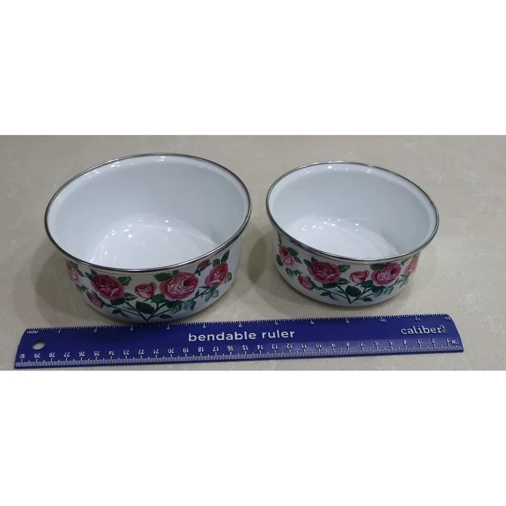 Vintage Enamelware Pink Rose Floral Nesting Bowls Set of 2 White Silver Rim